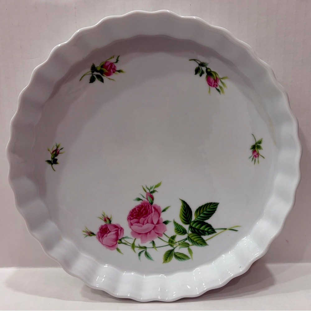 Vintage Rose Floral White Ceramic Pie or Tart Dish - 2 available